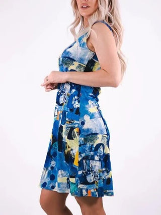 Abstract Sun Dress in Turquoise-Yellow Print - Lala Love Moda