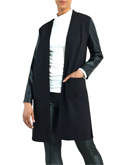 Clara Sunwoo Womne's Black Knit Cardigan with Liquid Leather Sleeve