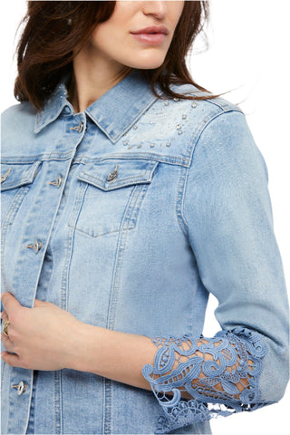 women's denim jacket with lace sleeves