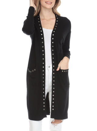 Rain + Rose Women Grommet Trim Black Duster Cardigan - Lala Love Moda