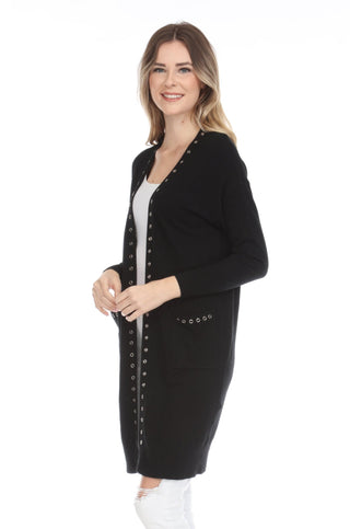 Rain + Rose Women Grommet Trim Black Duster Cardigan - Lala Love Moda