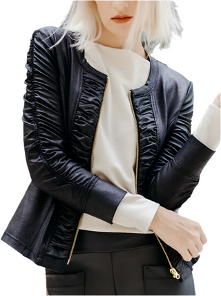 Women's Black Liquid Jacket Ruched Zip 3/4 Sleeves
