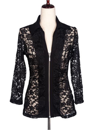women's black lace top front zipper long sleeve