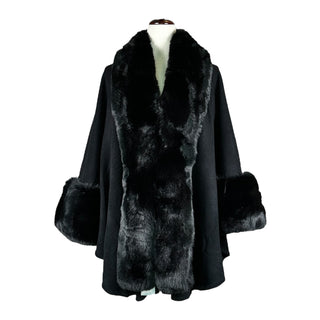 Women's Black Faux Fur Shawl Cape Poncho Cardigan 