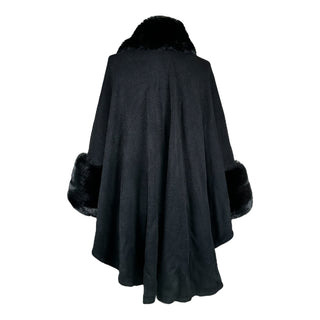 Black Faux Fur Trim Cuffs Shawl Cape