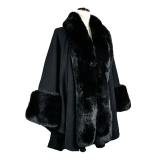 Black Faux Fur Trim Cuffs Shawl Cape