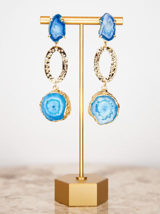 blue statement earrings, geode earrings, drop earrings, fashion earrings for women, Lala Love Moda Women's Online Boutique