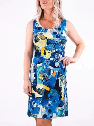 Abstract Sun Dress in Turquoise-Yellow Print - Lala Love Moda