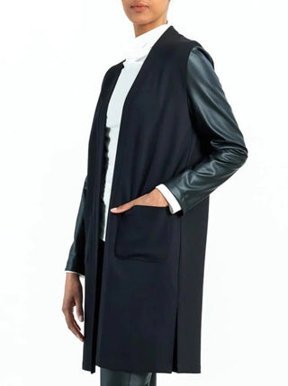 Black Knit Cardigan with Liquid Leather Sleeve - Lala Love Moda