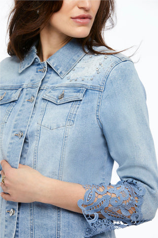 women's denim jacket with lace sleeves