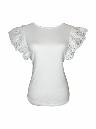 Women's White Eyelet Ruffle Sleeve Round Neck Top - Lala Love Moda Online Clothing Boutique