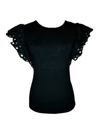 Women's Black Eyelet Ruffle Sleeve Round Neck Top - Lala Love Moda Online Clothing Boutique