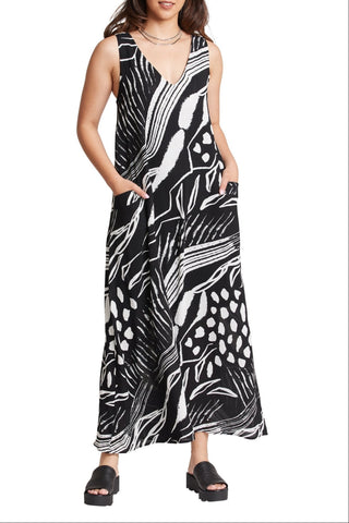 Women's V-Neck Floral Black & White Print Maxi Dress M / Black/White