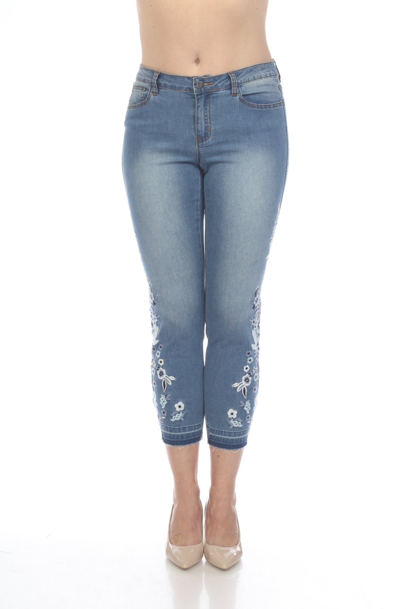 Azi Jeans Women's Flair Bright Floral Embroidered Jeans 14 / Denim