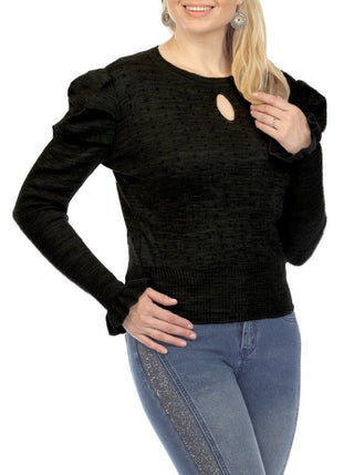 Puff Sleeve Black Keyhole Sweater - Lala Love Moda