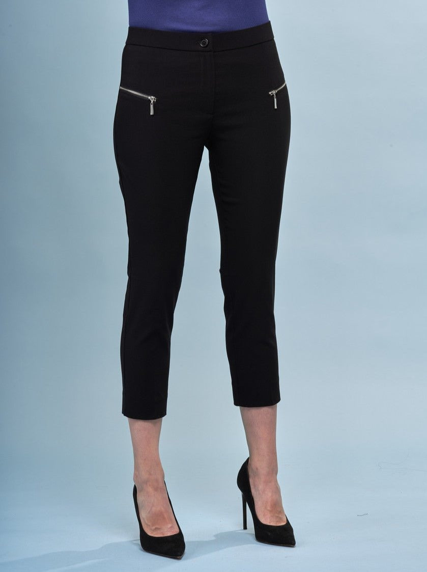 Slanted Zip Detail Solid Techno Black Cropped Pants