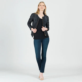 Women's Black Liquid Jacket Ruched Zip 3/4 Sleeves - Lala Love Moda