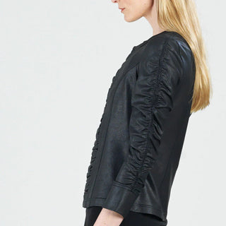 Women's Black Liquid Jacket Ruched Zip 3/4 Sleeves - Lala Love Moda