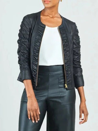 Women's Black Liquid Jacket Ruched Zip 3/4 Sleeves - Lala Love Moda