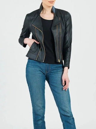 Women's Black Liquid Leather Knit Jacket with Double Zip Details - Lala Love Moda
